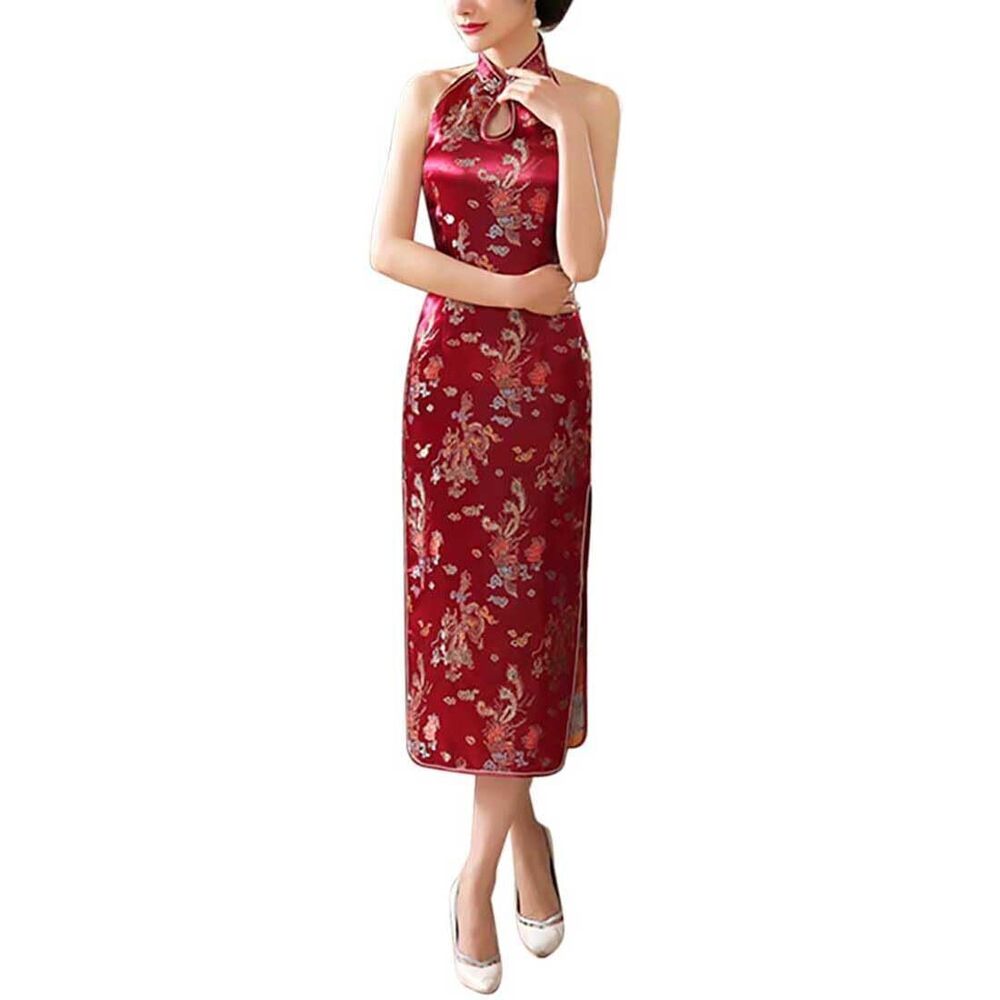 5920 Backless Halterneck Sleeveless Chinese Cheongsam Mandarin Collar Side
